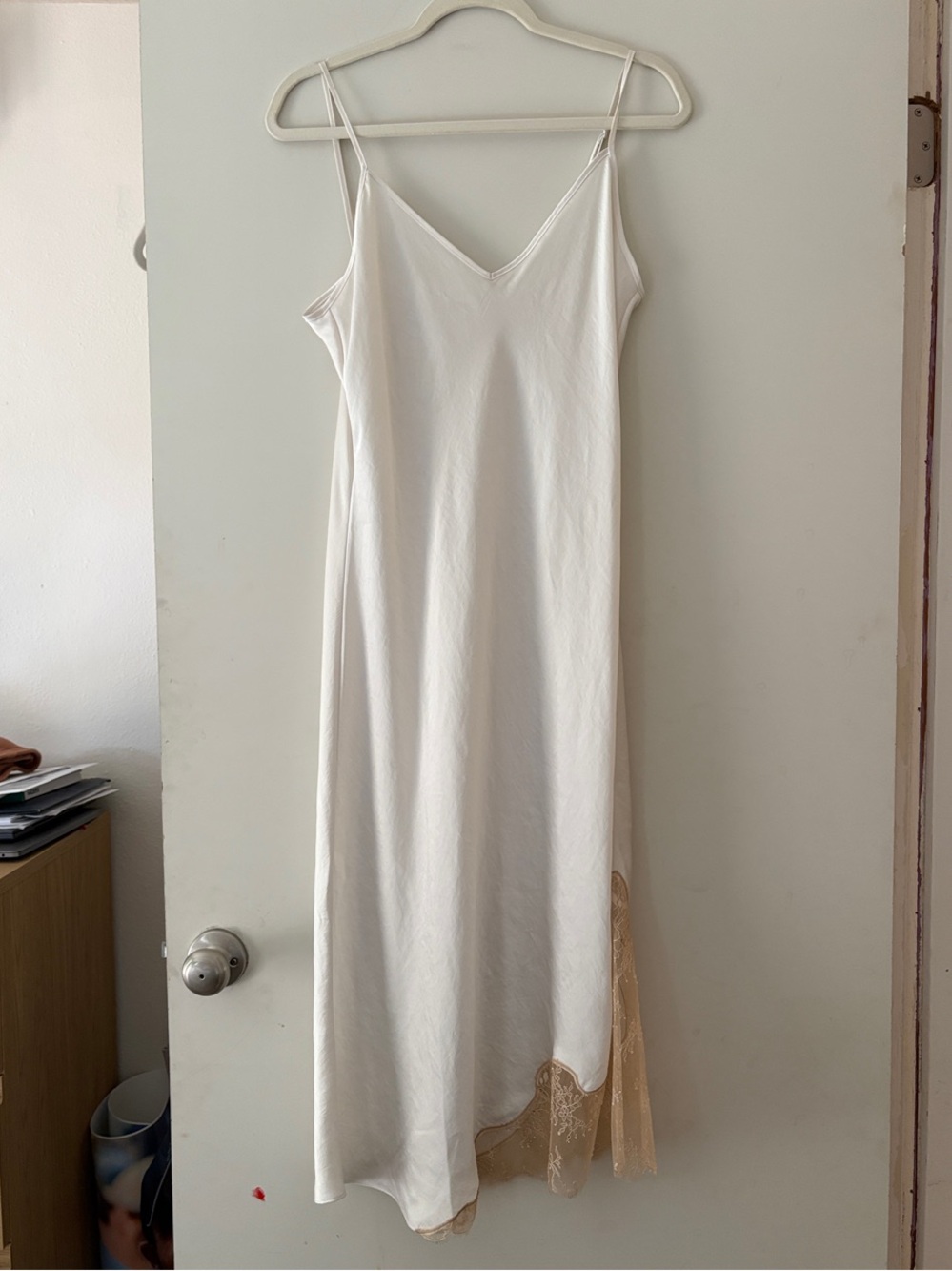 Aritzia White Slip Midi Dress with Beige Lace Panel